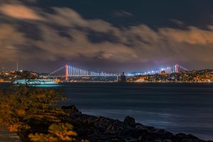 Scenic night view of the illuminated Bosphorus Bridge spanning the Bosphorus Strait in Istanbul, Turkey.