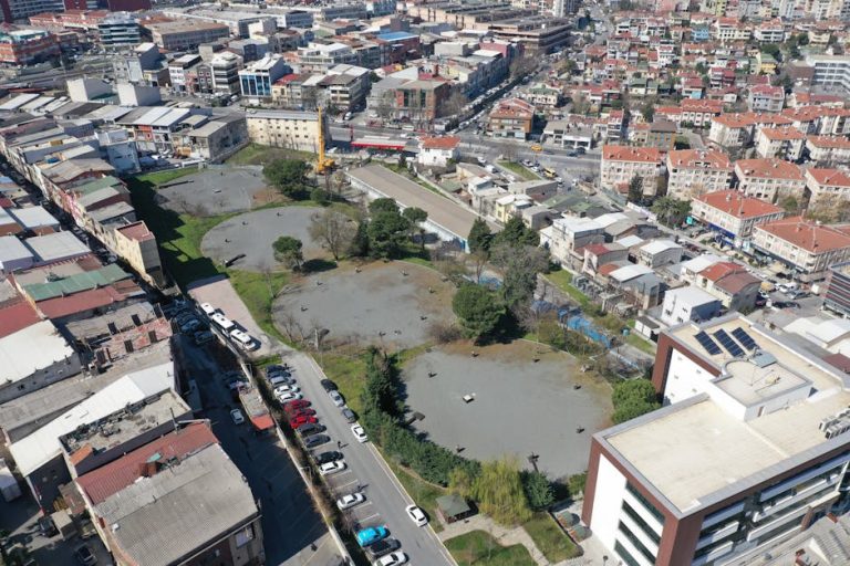 A sunlit aerial view of Eyüpsultan District's urban landscape with buildings and parks.