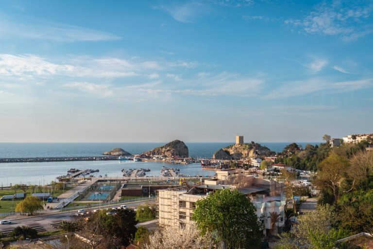 Stunning aerial view of Ocakli Ada Castle by the coast in Sile, Turkey, under a clear blue sky.