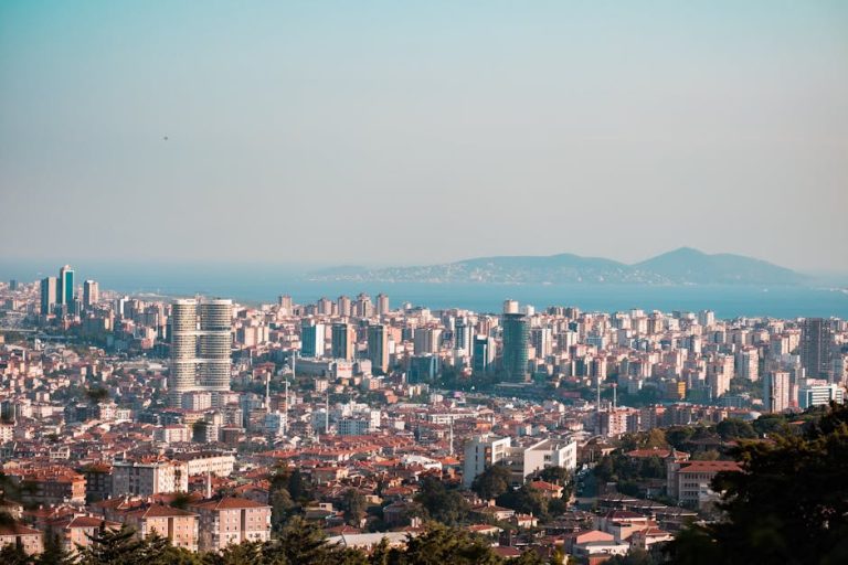 Stunning panoramic view of Istanbul's urban skyline with towering skyscrapers and the Bosphorus Strait.