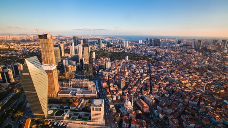 Stunning aerial view of Istanbul showcasing skyscrapers and historical streets at sunset.