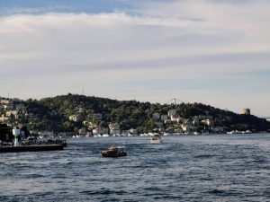 A picturesque view of boats navigating the Bosphorus Strait in Beşiktaş, Istanbul, with a backdrop of lush hills and cityscape.