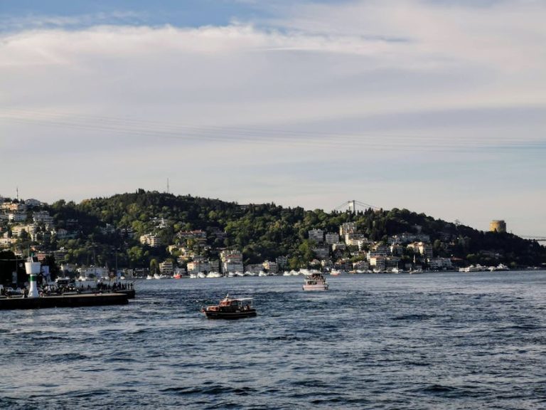 A picturesque view of boats navigating the Bosphorus Strait in Beşiktaş, Istanbul, with a backdrop of lush hills and cityscape.